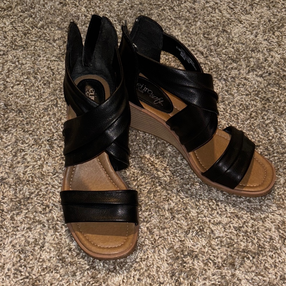 Sofft Euro Soft Black Ginny Strappy Leather Wedge